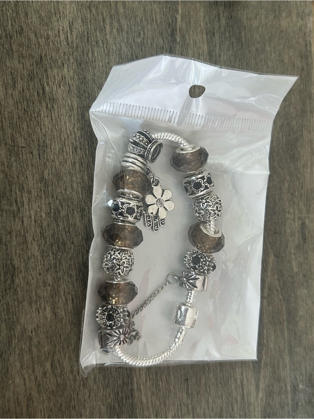 Silver Charm Bracelet with Brown Crystal Beads